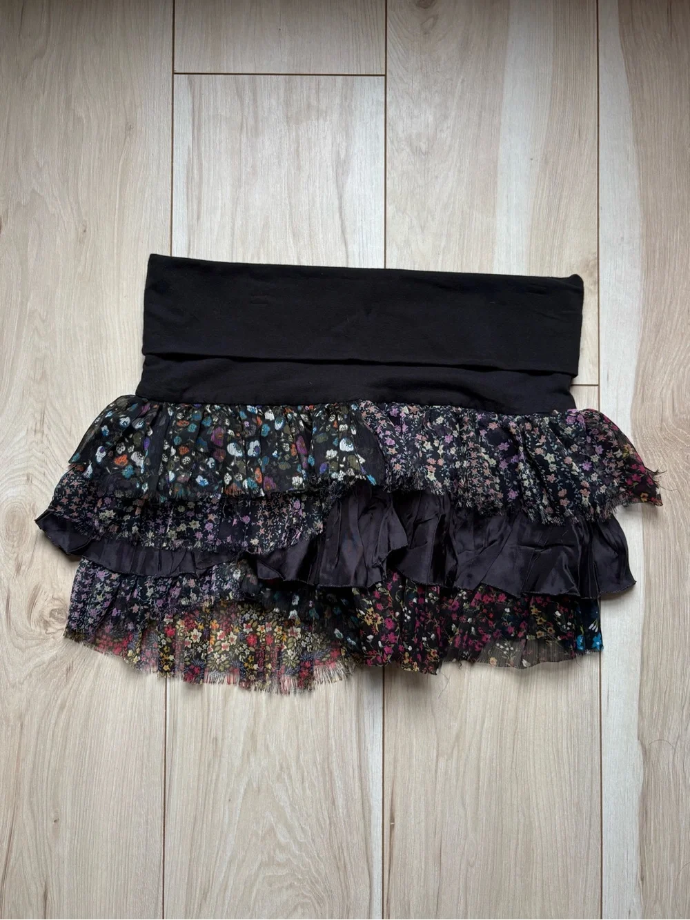 Free People FP One Patchwork Floral Tiered Ruffle Mini Skirt Black Boho Y2K